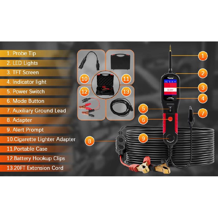 VDIAGTOOL V200 Car Electric Circuit Tester 6V-30V Automotive Power Probe Kit Electrical System Tester LCD Display Voltage Tester