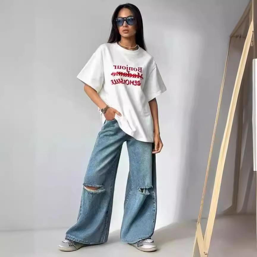 Basit Retro Amerikan 2024 Yaz Tişörtü: %100 Pamuk, Bol Kesim, Kısa Kollu, Yazılı Baskı