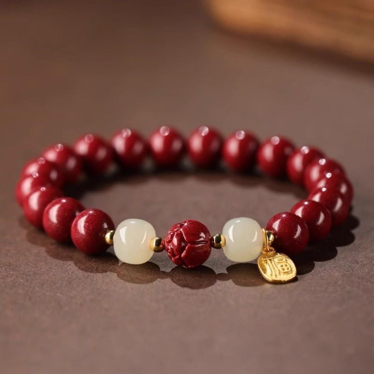 Unisex Lotus Bracelet, Purple Cinnabar & Hetian Jade, Chinese Style Travel Gift