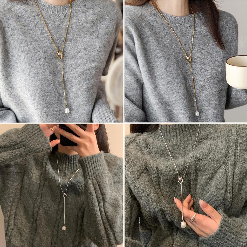 Sturdy Brass Adjustable Chain Baroque Pearls Pendant Long Necklace for Women's Fashion Sweater Chain Jewelry Accessory