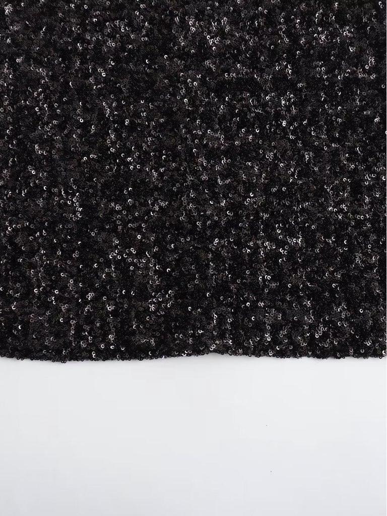 Y2K Winter Schwarzes Pailletten-Mini-Kleid mit Schulterpolstern - Ärmellose Abendgarderobe