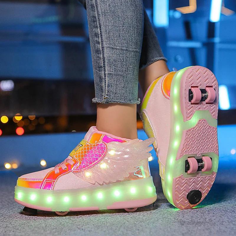 Kid Sneakers Luminous Removeable 4 Wheels Roller Skates USB Charge Wing Panda Sport Casual Skateboard Shoes Girls Boys Skates