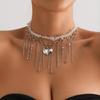 Bohemian Tassels Pendant Necklace Natural Stone Heart Accents Alloy Collarbone Chain Jewelry Gift For Trendsetters