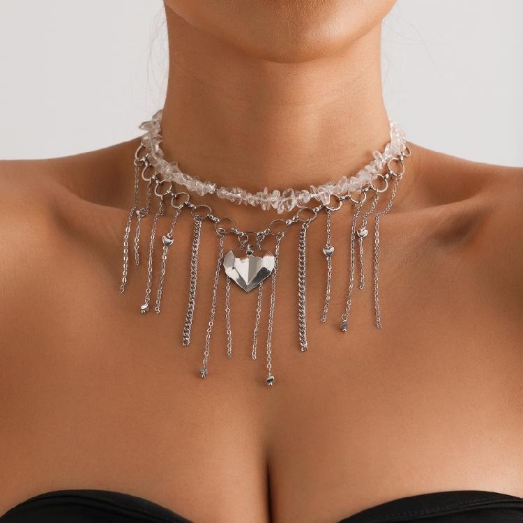 Bohemian Tassels Pendant Necklace Natural Stone Heart Accents Alloy Collarbone Chain Jewelry Gift For Trendsetters