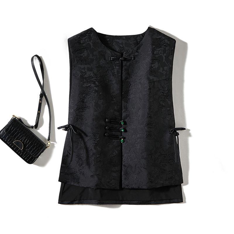 

Юаня на Оригинальный Однокабинный Шкаф Большого Бренда! Хлопковый жаккардовый жилет в китайском стиле для девочек с двойными разрезами, застежкой-пряжкой и кисточками, для ношения круглый год Black L