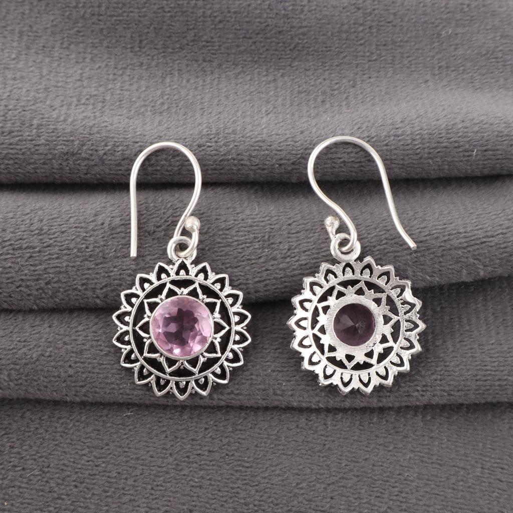 Rosa Kunzit Ohrring, Handgefertigter Edelstein 925 Massiv Sterlingsilber Ohrring Antikschmuck, Für Verlobungsgeschenk