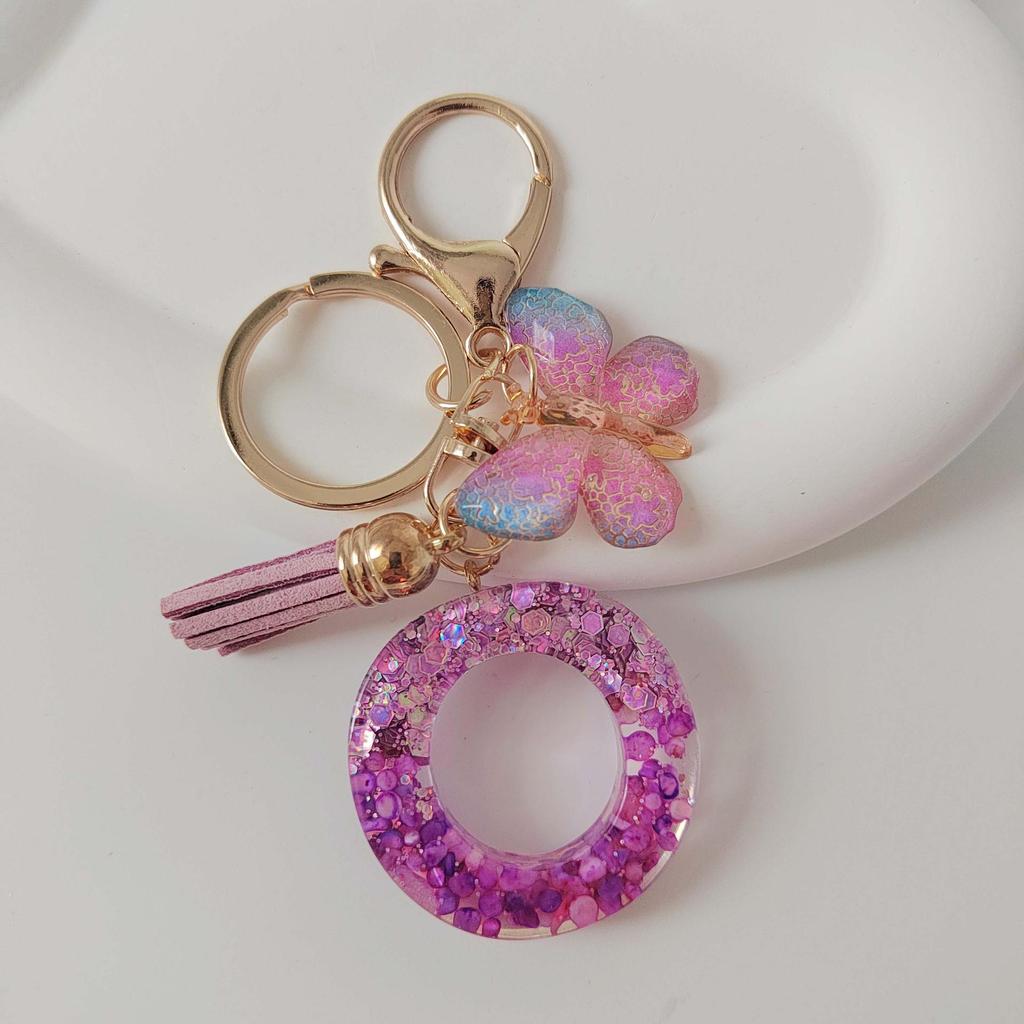 Purple Iridescent Resin Letter Keychain with Butterfly Tassel