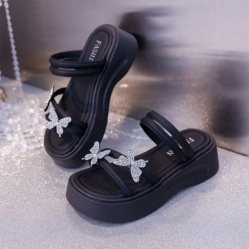 Rhinestone bow heightened thick-soled cool slippers female summer wear 2025 new fairy style with skirt two wear sandals