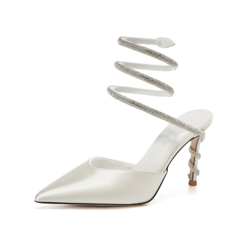 

Модный стиль звезды Роскошные стразы Змея намотана Атласные женские туфли Модные высокие каблуки Босоножки-гладиаторы Летне-осенние свадебные туфли 35 белый