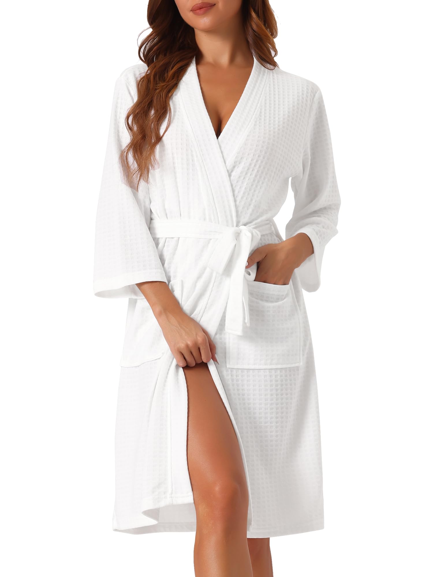 

Женский вафельный халат Cheibear, Мягкое кимоно, Спа и баня, Средней длины, Белый, Размер S