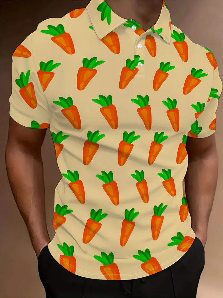Men's Short-Sleeve Polo Shirt with Orange-Yellow Vegetable Print - Button-Up Lapel Collar, Full-Body Suitable for Dates, Beach Vacations, Casual Wear
