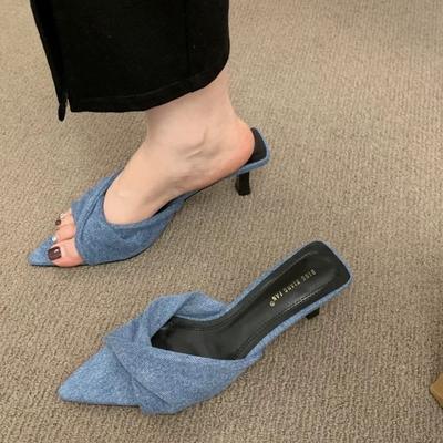 High Heels Damen Frühling und Sommer tragen spitze Slipper Kitten Heel Slipper Open Toe Mode Denim coole Slipper Damen