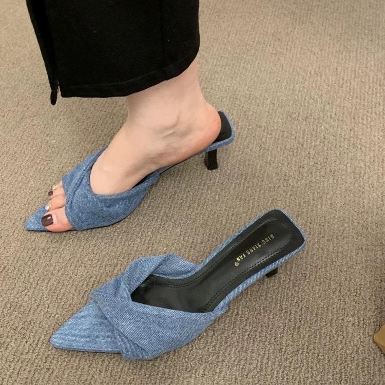 High Heels Women Spring and Summer Wear Pointed Slippers Kitten Heel Slippers Open Toe Fashion Denim Cool Slippers Women