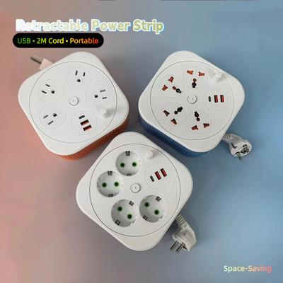 Square Retractable Power Strip – Multi-Function Extension Cord with USB Charging Ports, Portable 2-Meter Socket Organizer