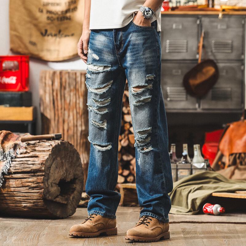 Men's American Retro Ripped Straight-Leg Jeans