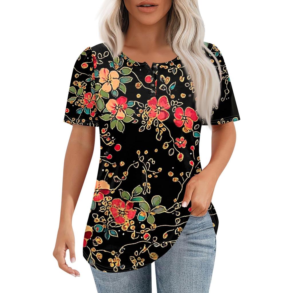Women's Fashionable Casual Short Sleeve Button Floral Print Round Neck Pullover Top