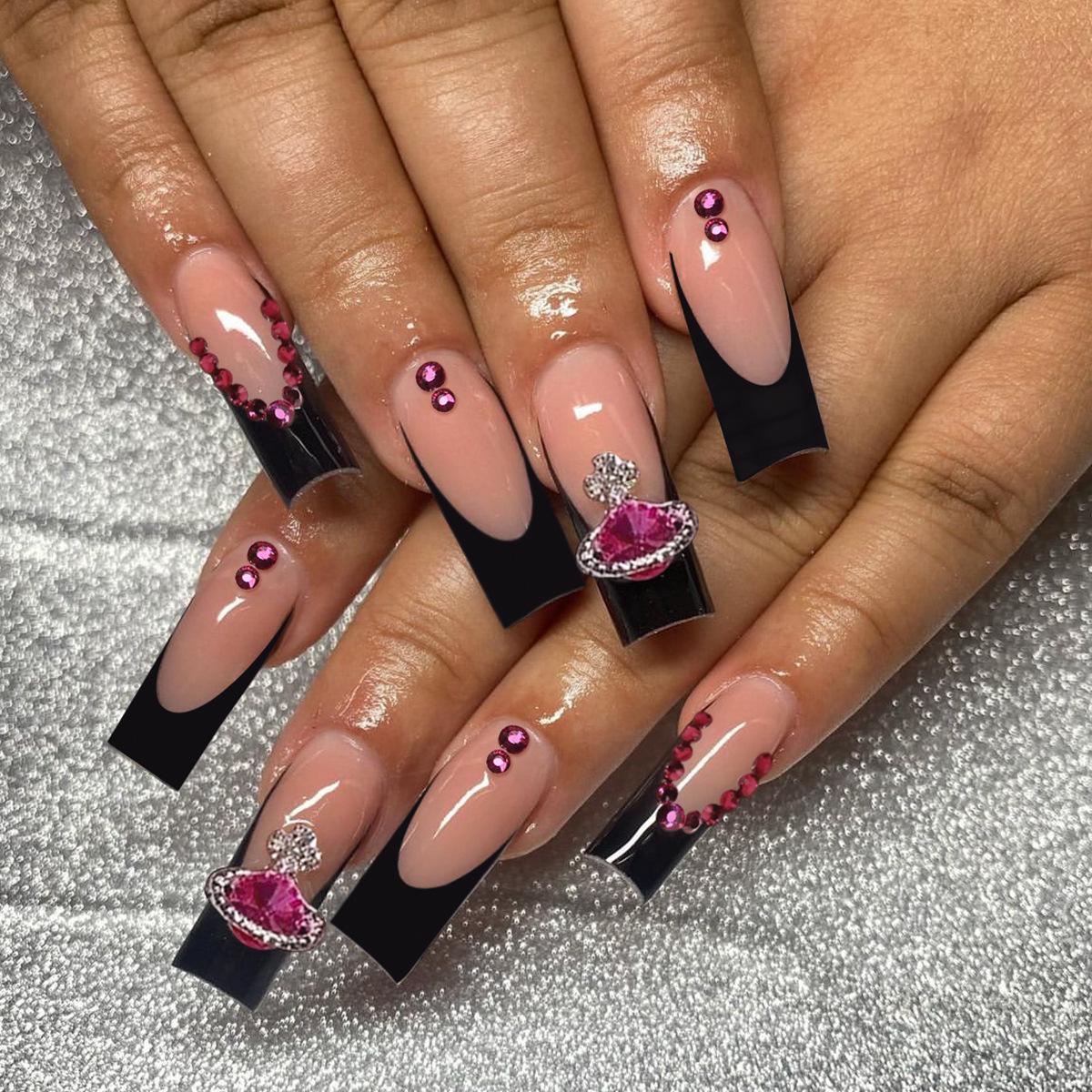 

European & American Style Long Stiletto Black Rhinestone Removable Nail Pieces