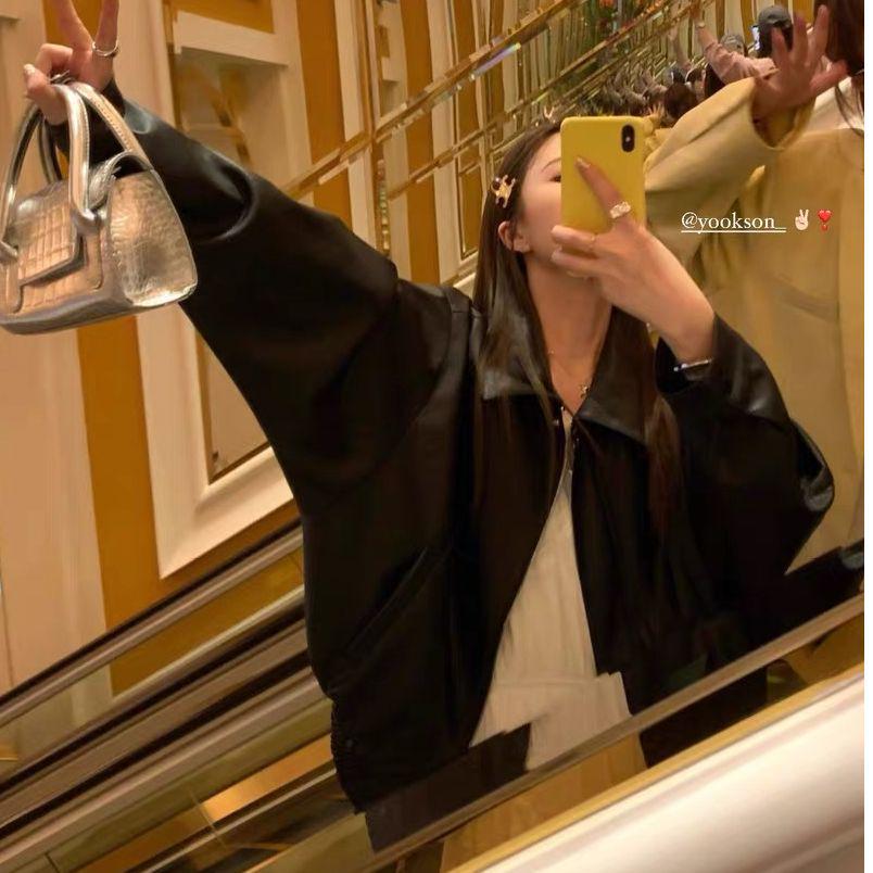 Damen Retro Slimming Motorradjacke aus Kunstleder - Frühling/Herbst