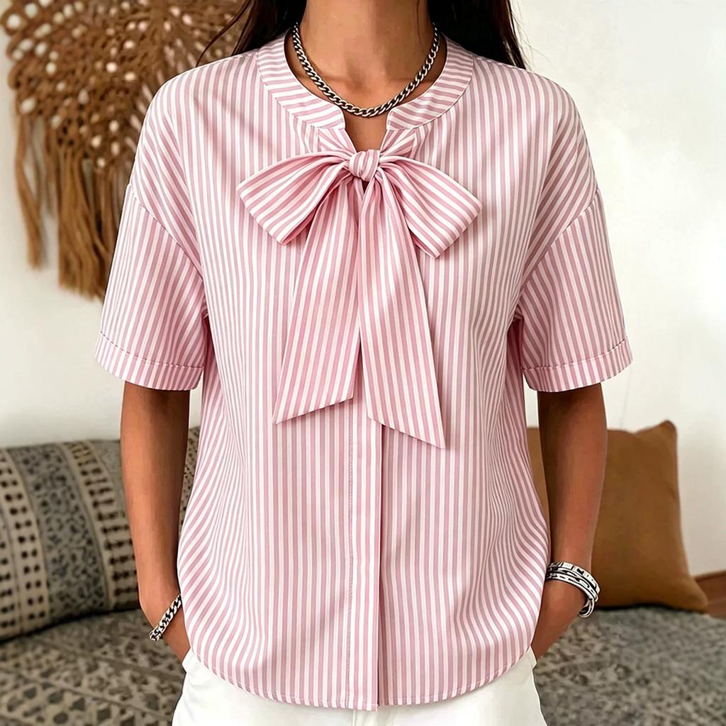 Women Loose Fit Striped Short Sleeve Blouse with Bow Tie Front Casual Relaxed Fit Top for Everyday Wear Office Work
