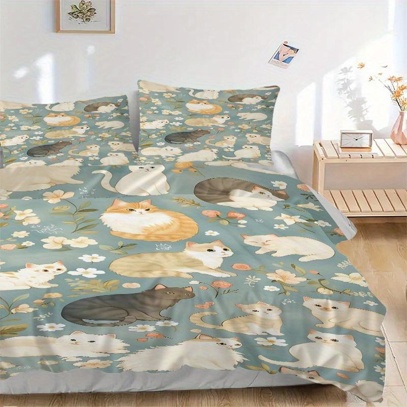 3pcs Cats Flowers Bedding Cover Set, Fashion Classic Popular Print Bedding Set, Soft Comfortable, All Season Use, For Bedrooma0819100