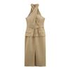 2025 Spring Women's European American Style Midi Dress with Belt & Criss-Cross Design