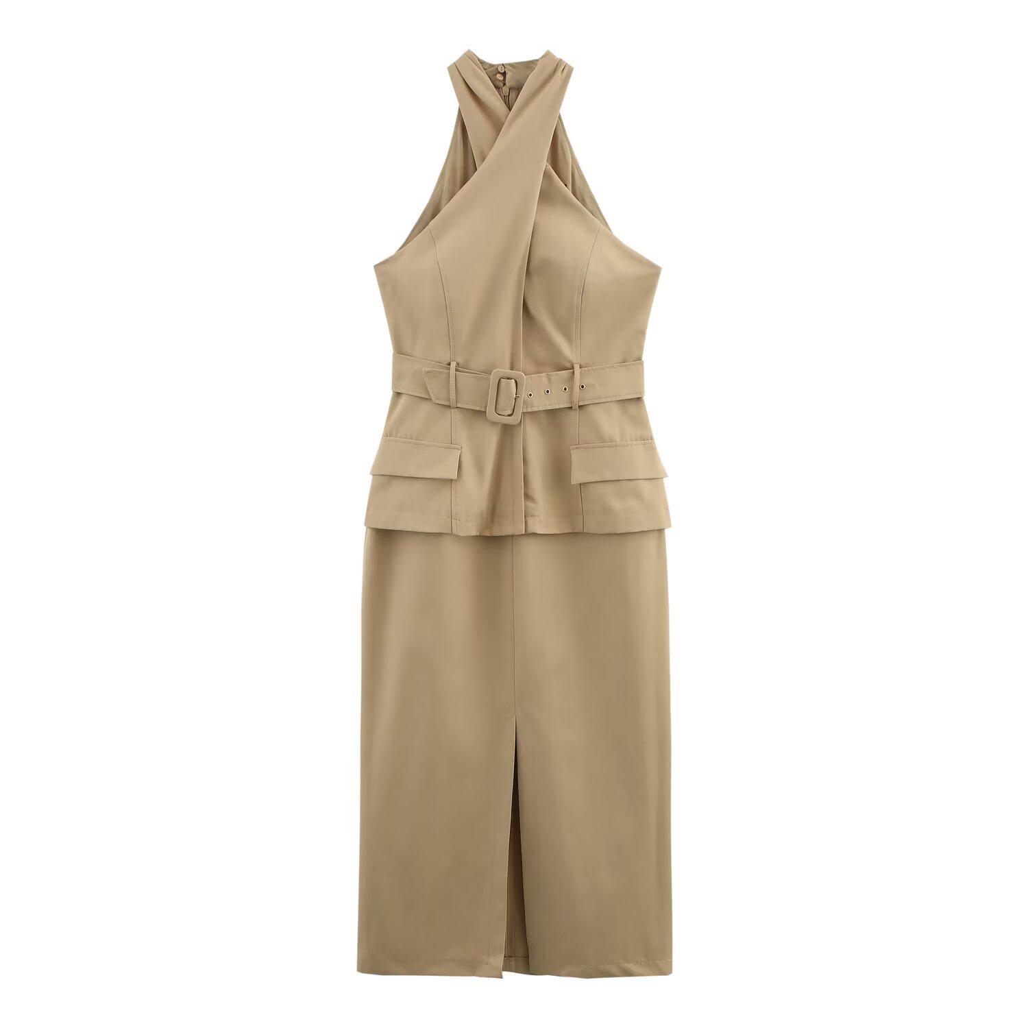 

2025 Spring/Summer Women s Slim Fit Sleeveless Midi Dress with Belt and Cross Design Medium хаки