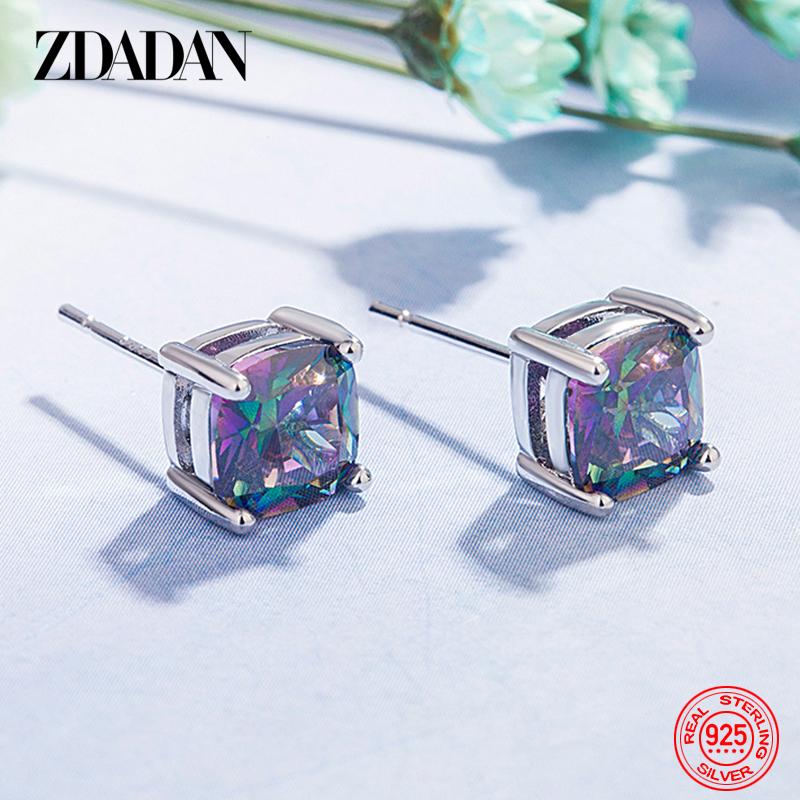 

925 Sterling Silver 11mm Square Pink Zircon Earring for Women Wedding Jewelry фіолетовий