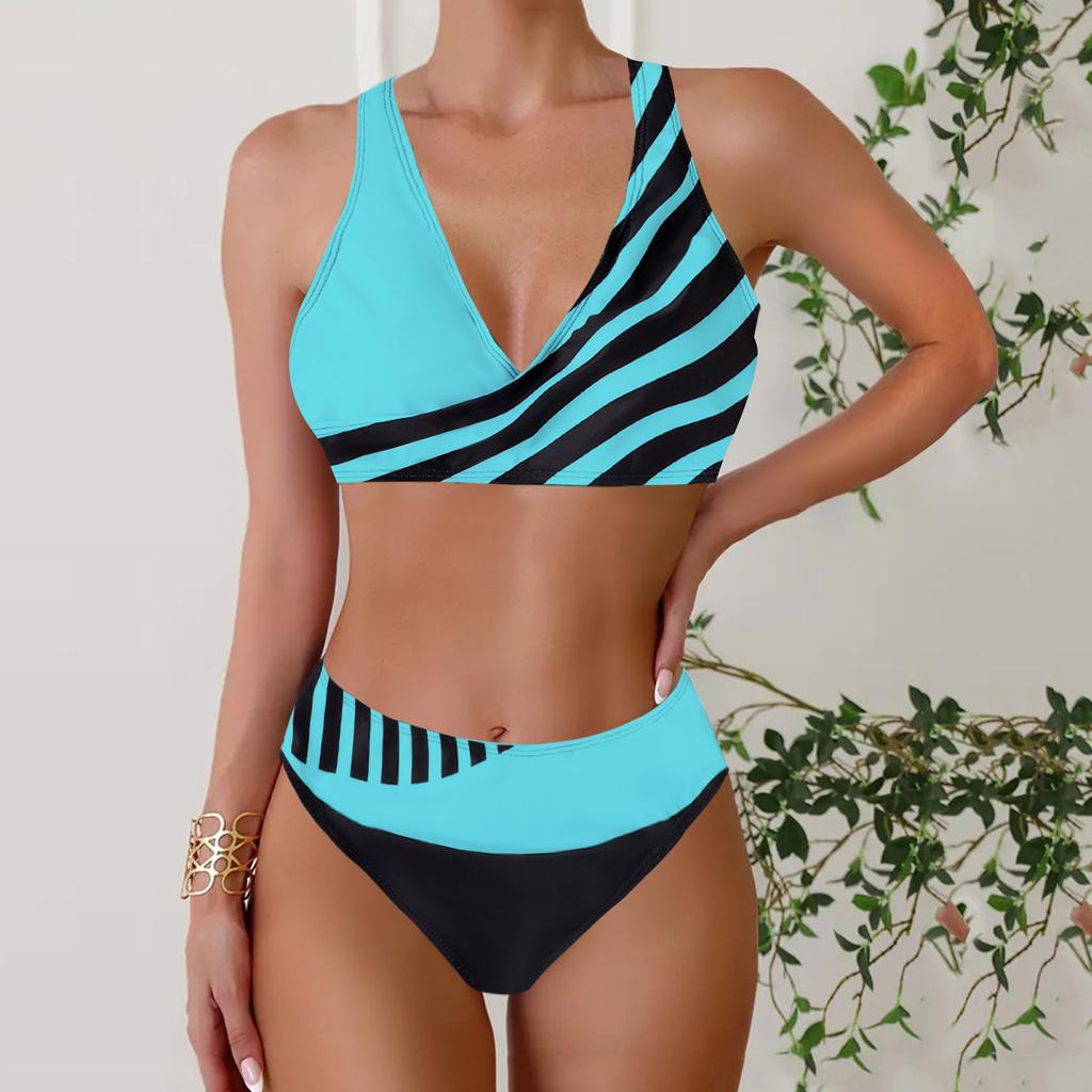 Women's Halter Half Edge Stripe Print Bikini Tankini Swimsuit