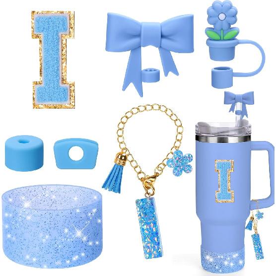 AIERSA Blue Cup Accessories Set for Stanley Cup 40 30 oz Tumbler with Handle, Cup Charms Decorations with Flower Straw Cover Topper Cap, Initial