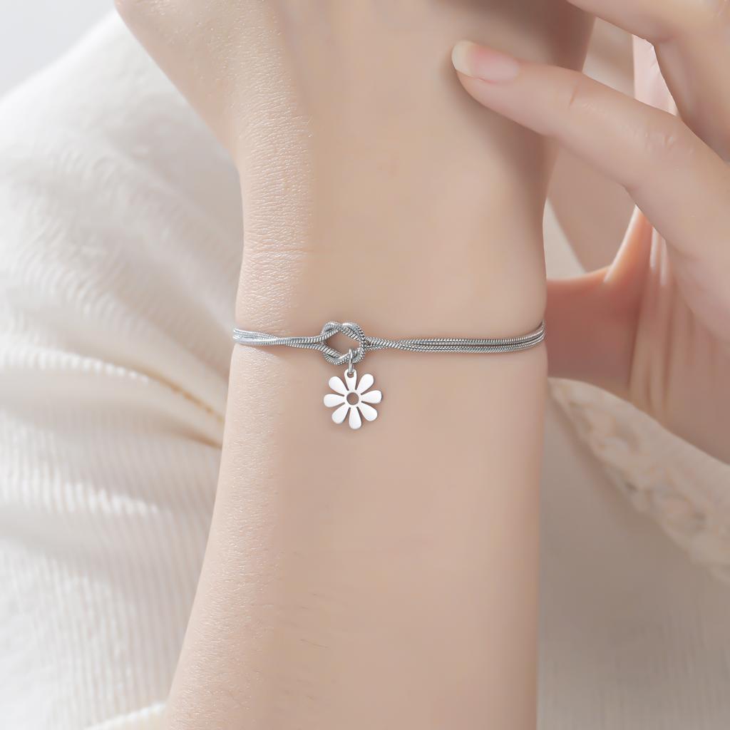 Teamer Daisy Charm Bracelet Stainless Steel Forever Knot Double Layer Snake Chain For Women Girls Trendy Flower Pendant Jewelry
