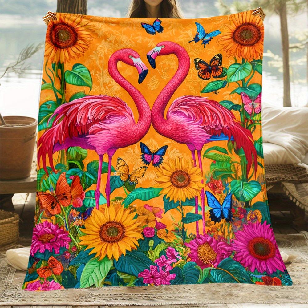 Flamingo Sunflower Butterfly Garden Fleece Blanket Tropical Floral Art Soft Throw Blanket Vibrant Summer Decor Gift for Nature 75x100cm