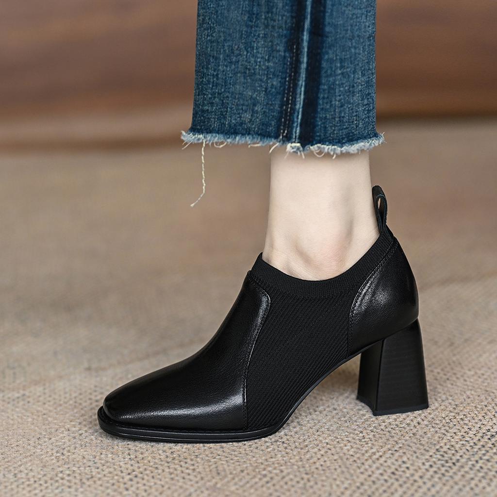High heels women's retro niche knitted splicing square head bag instep thick heel single shoes
