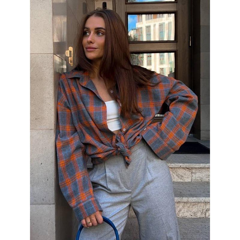 Camicie a Righe e a Quadri Morbide da Donna Stile Retrò Primavera/Autunno 2026 Collo a Revers a Quadri Manica Lunga Tasca Camicetta Casual Semplice Elegante Top Abbigliamento da Ufficio