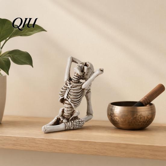 Resin One-piece Molding Skull Halloween Yoga Skeleton Statue, Funny Dead Figure for Party Decor, High Detail Decoration Gothic Ornament Haunted House,
