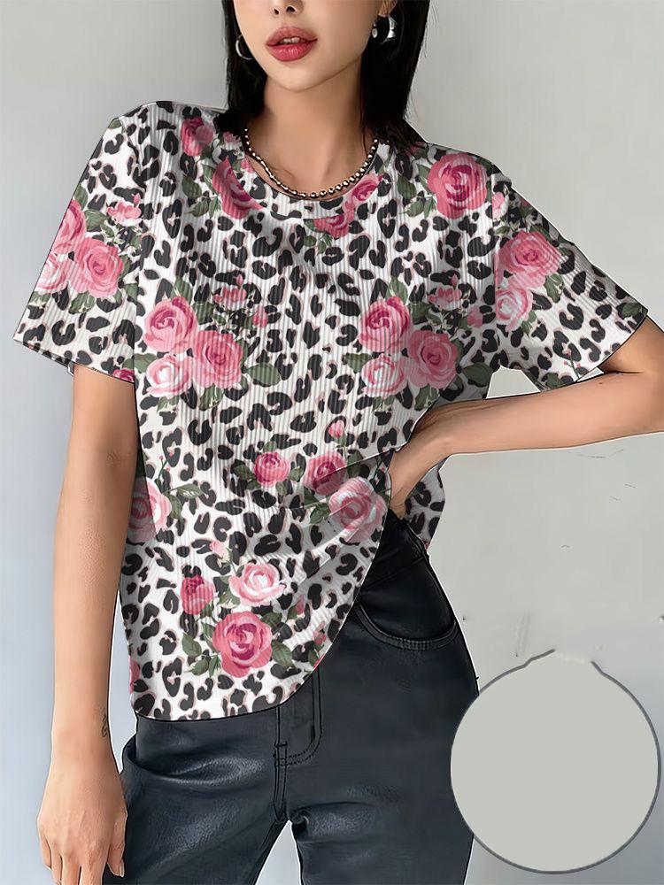 Stylish and sexy leopard print T-shirt, 3D print, summer women s round neck short sleeve T-shirt XXS