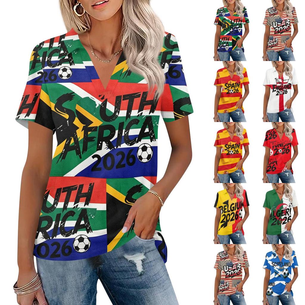 Damen Freizeit V-Ausschnitt Kurzarm Poloshirt mit Fußball-Print und Kragendesign Leichtes Sommeroberteil für den Alltag