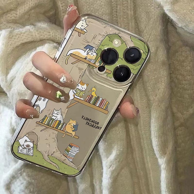 Tree Cat Reading Book Full Coverage Case for iPhone 16Pro Max/15/14/13/12/11, Drop-Proof Xsm