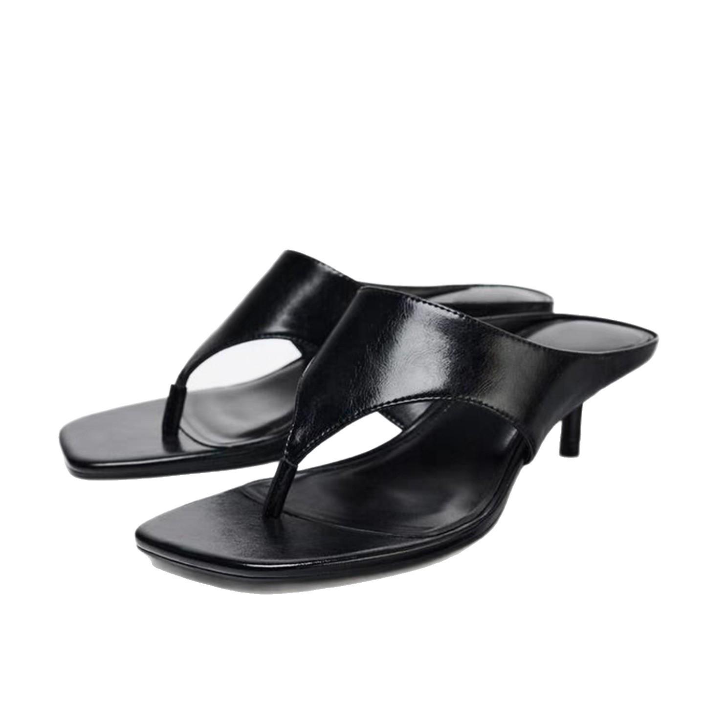 

Модные пляжные дизайнерские женские сандалии 2025 лето высокий каблук шлепанцы с раздельным пальцем удобные мягкие шлепанцы квадратный носок уличные женские шлепанцы 37 чёрный