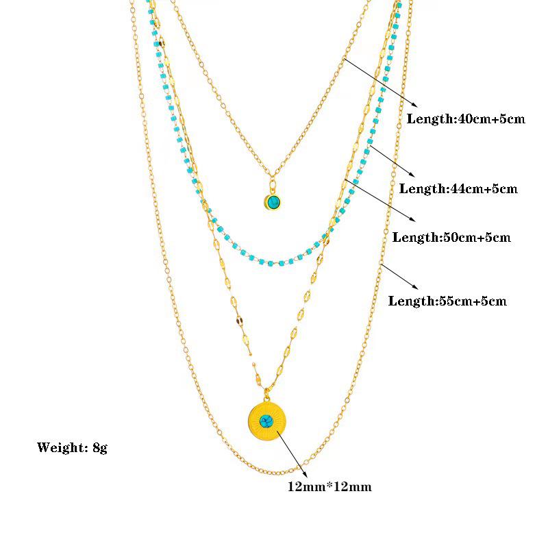 Turquoise Titanium Steel Necklace: Four-Layer Chain with Irregular Round Tag Pendant
