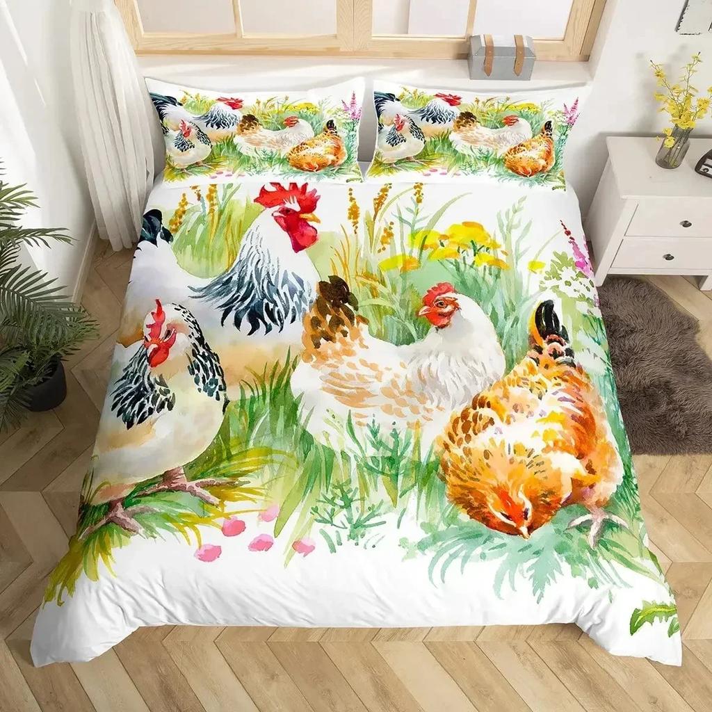 Farm Animal Chicken Duvet Cover Twin King Size Country Sunflower Rooster Comforter Cover Microfiber Rustic Farmhouse Bedding Set