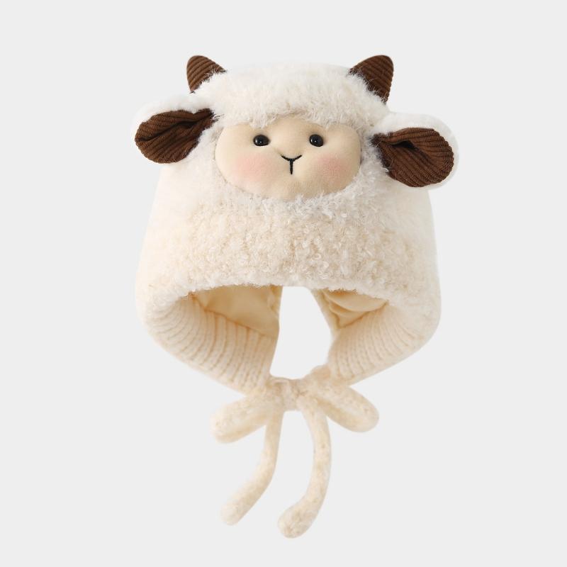 

Fashion Cute Cartoon Sheep Beanie Bonnet Windproof Double Pompom Knitted Hat Warm Cold Proof Pullover Hat Winter бежевий