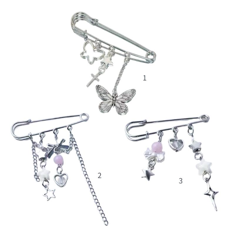 Broche Élégante avec Étoile Cœur Nœud Papillon Chaîne Accent Insigne Argenté Tendance Broche Accessoire pour Collectionneurs
