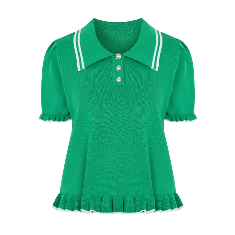 SELLY'S Tennis Collar Ruffle Short Sleeve Knit_I6B-Ckn011