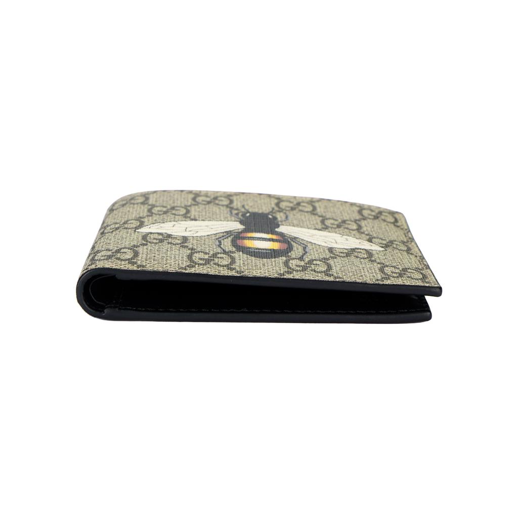 Gucci Bienenprint Logo Kurzes doppelt gefaltetes Canvas und Leder Portemonnaie Herren Portemonnaie Ebenholz 451268K5V1N8666