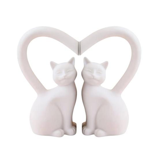 2Pcs Couple Cat Figurine, Black & White Cat Statue with Heart-Shaped Tail, Stable Base Decor for Bedroom Vanity Living Room, Romantic Gift for