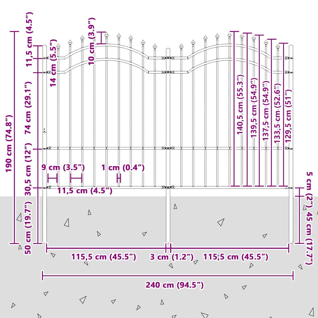 Vidaxl Spiked Fence, Black, 190 Cm, Powder-Coated Steel
