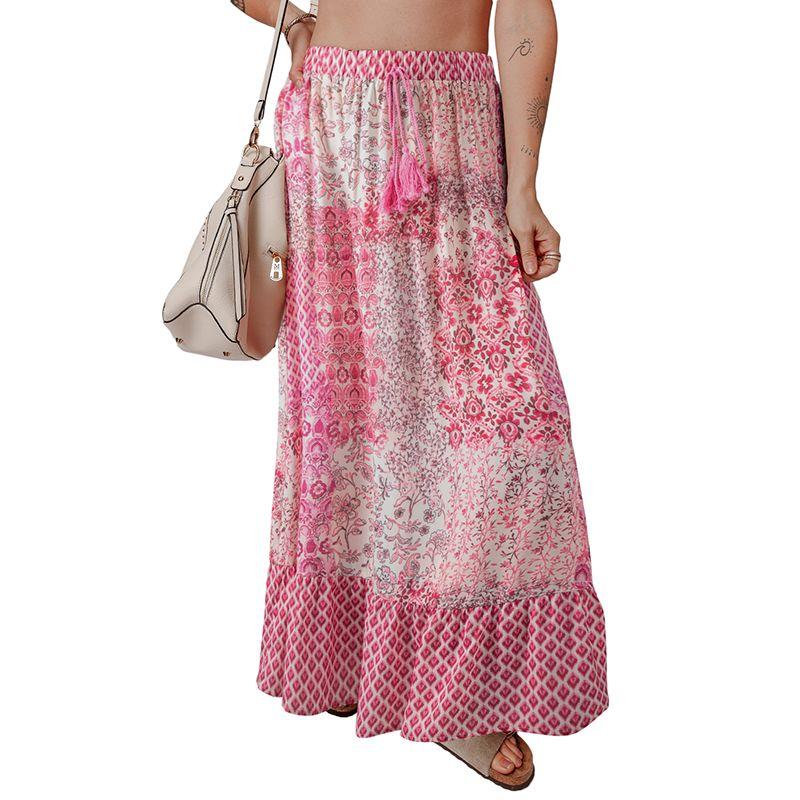 

American Shiying Bohemian Style Skirt Women 2025 Summer New Color Matching Tassel Drawstring Long dress Women Pink Size S fit (45.00 kg-55.00 kg