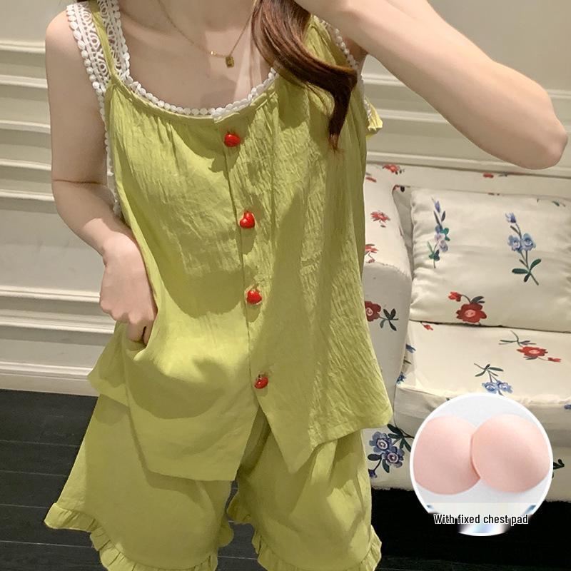 2026 Summer Women's Pajama Set: Built-in Bra Cloud Cotton Camisole with Round Neck, Princess Style