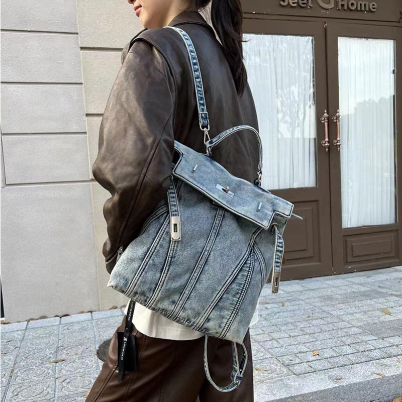 Washed old denim backpack cartoon doll backpack American retro backpack daily work commuter backpack female