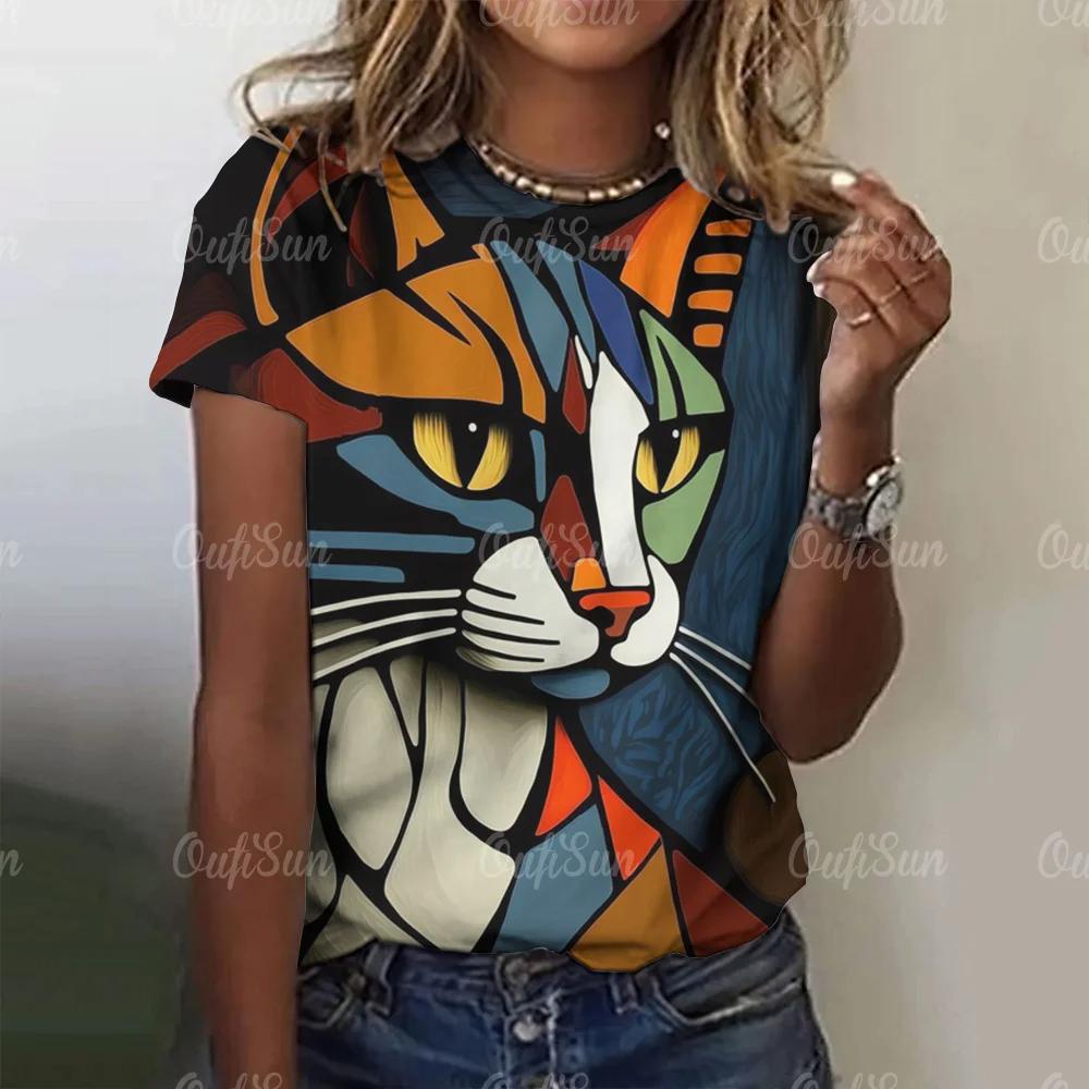 Summer Round Neck 3D Cat Printed Top Fashionable Casual Short Sleeved Women's T-shirts